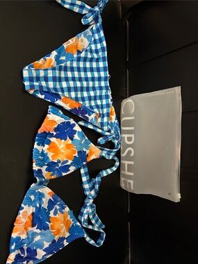CUPSHE Blue Floral & Gingham Bikini Top with Orange Accents